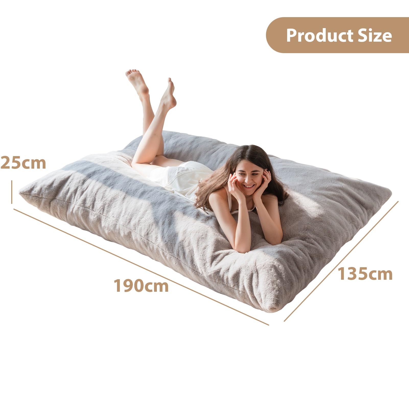 MAXYOYO Pouf gigante – poltrona quadrata – grande divano con rivestimento in peluche e soffice imbottitura per adulti, coppia di ospiti (grigio, 135 x 190 cm)