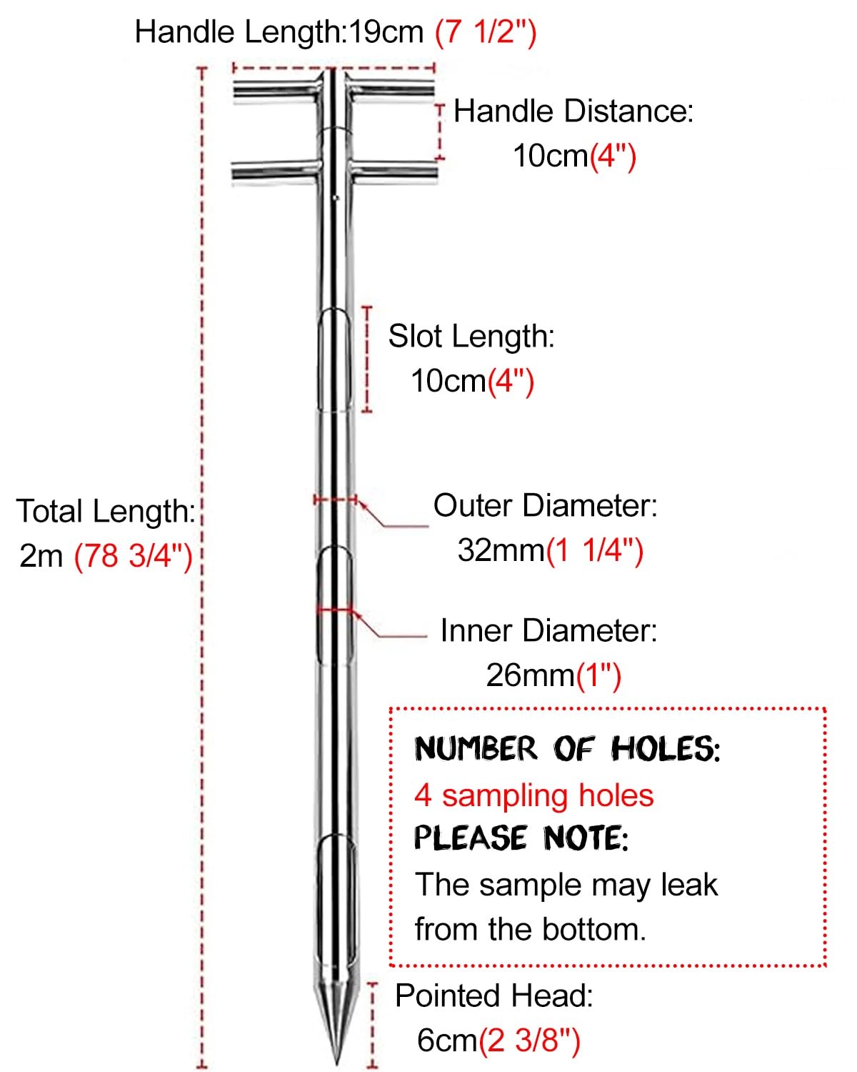 Probenehmer Klappbarer Reiskorn-Bodenprobennehmer, Getreidepulver-Probennehmer für Mais Und Sojabohnen, Granulat-Erkennungssonde mit Griff(L-2m (78 3/4"),Dia-32mm (1 1/4"))