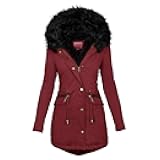 TIMIFIS Womens Coats Plus Size Overcoats with Fur Hood Fleece Chunky Jackets Zipper Button Outerwear Winter Warm Parka
