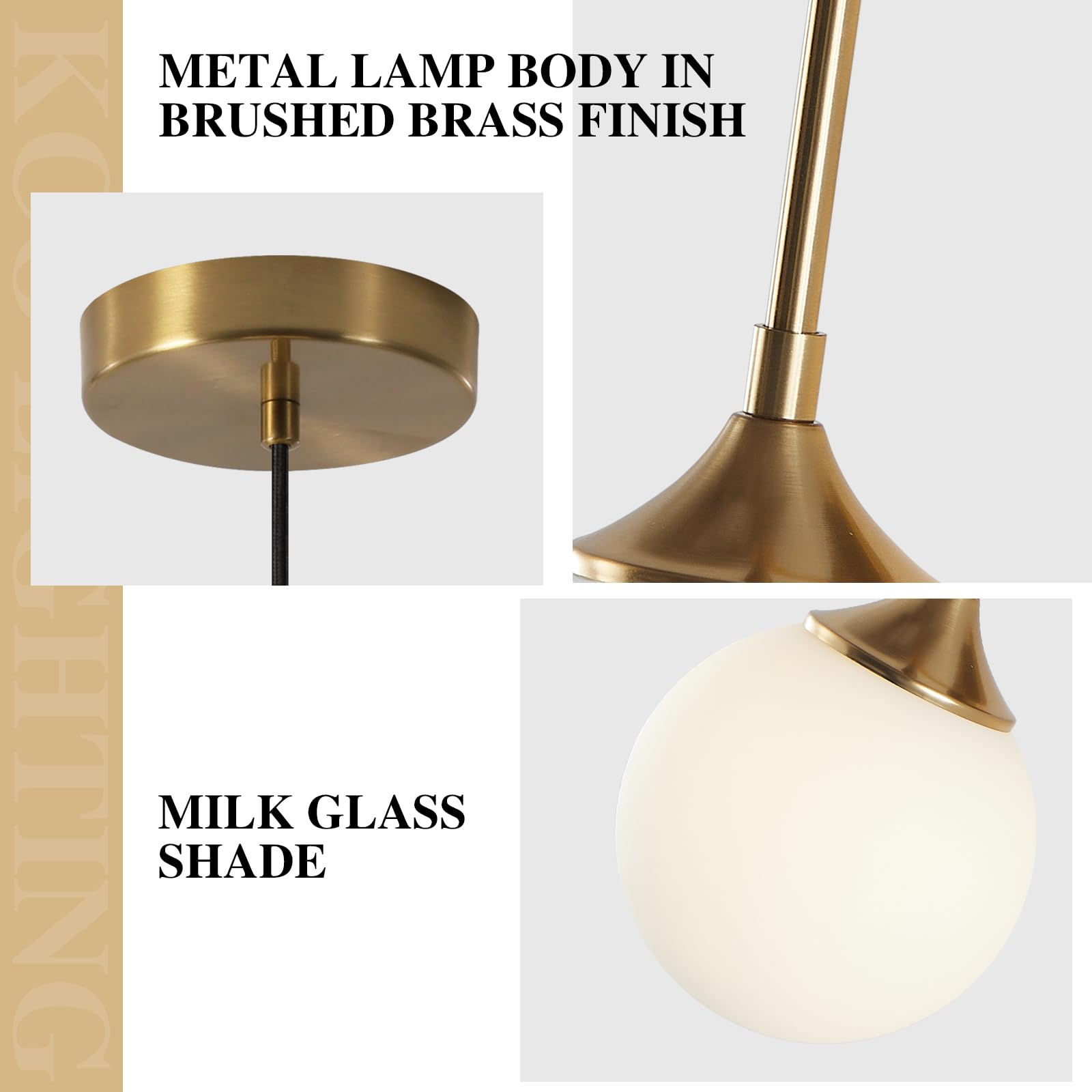 KCO Lighting - Lampadario a sospensione in vetro moderno metà secolo, 1 luce, grande globo dorato, illuminazione a sospensione regolabile in ottone spazzolato (bianco)