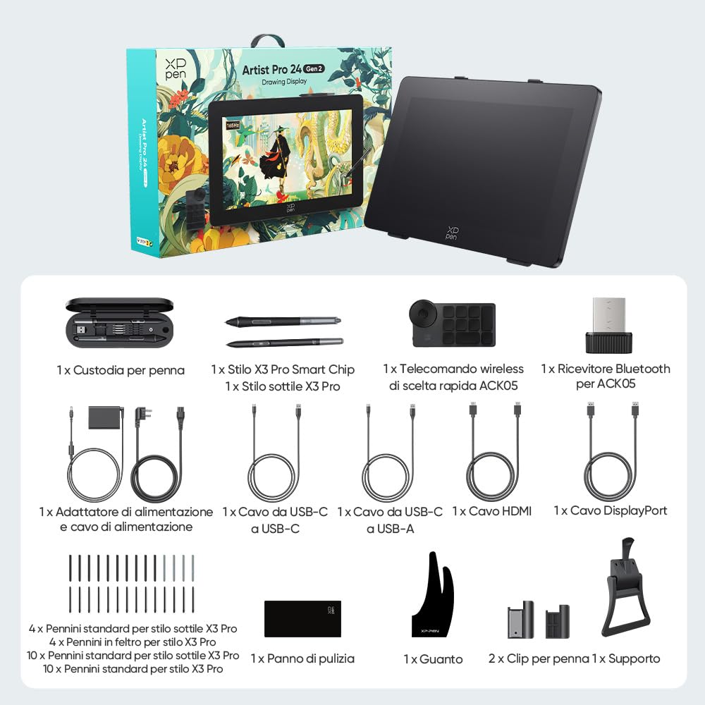 XPPen Artist Pro 24 (Gen 2) 165Hz Tavoletta Grafica con Schermo 2,5K Professionale per Illustratori, Grafici, Artisti di Videogiochi, Animazione, Designer Industriali e Architettonici in 3D