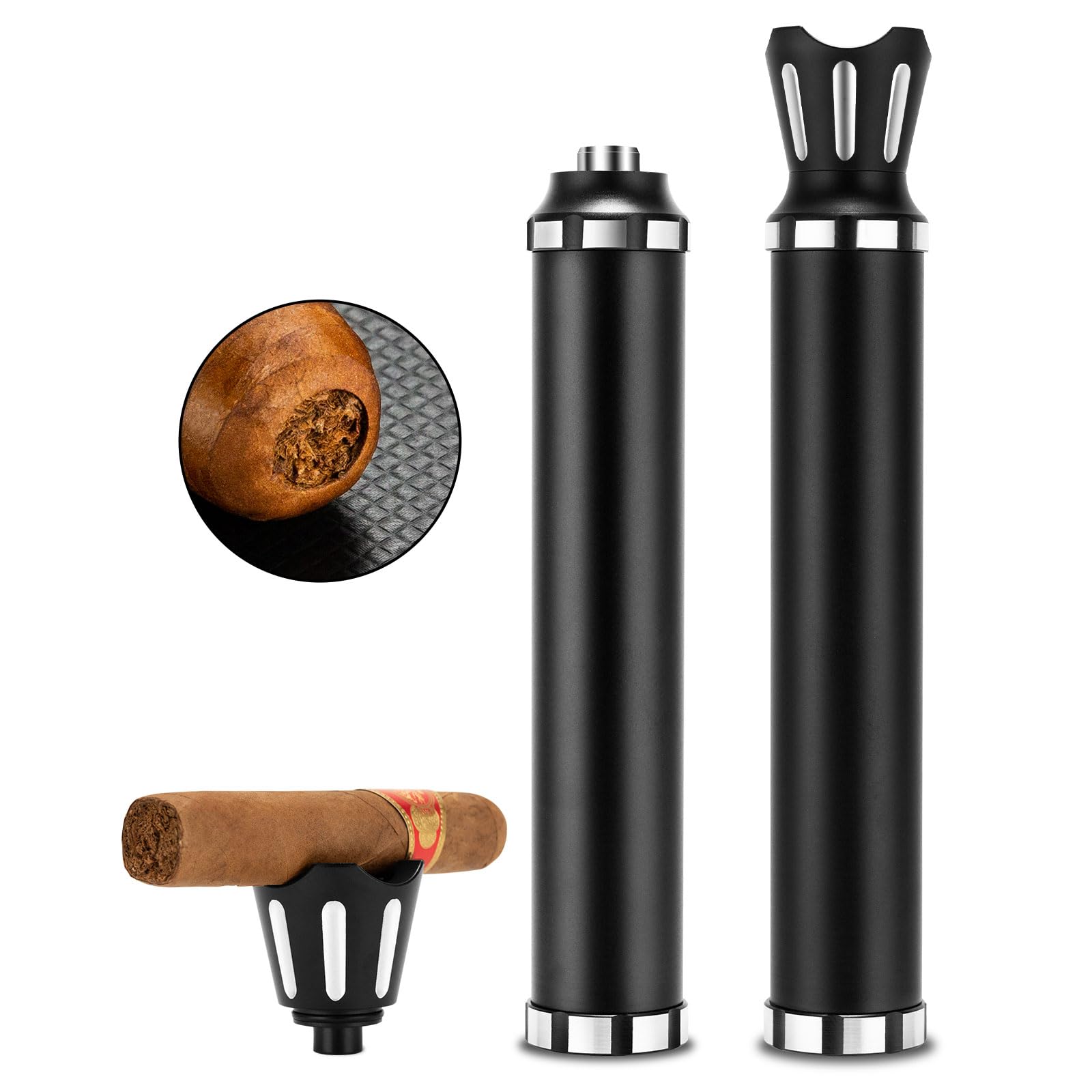 CIGARLOONG Cigar Tube & Cigar Punch & Cigar Holder 3-1 Stainless Steel Travel Moisturizing Cigar Humidor (black)