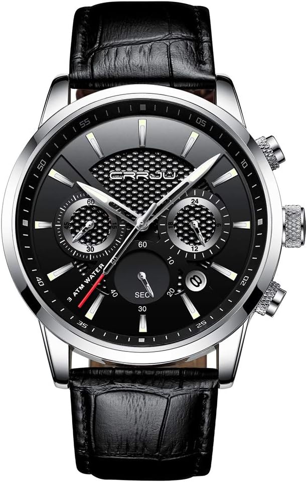Men's Business Casual Chronograph Quartz Waterproof Wristwatch Black Leather Strap
