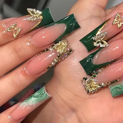 Green French Tip Press on Nails Long Coffin fake Nails