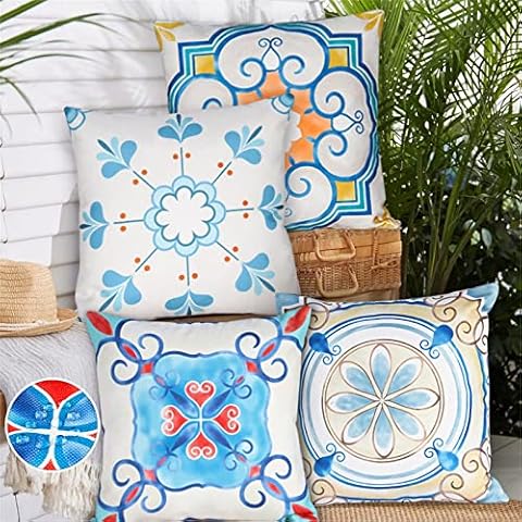 Basic Model Outdoor Waterproof Throw Pillow Covers Set of 4, Floral Printed Boho Decorative Pillow Covers for Couch Garden Patio Furniture 18x18 Inch Cover