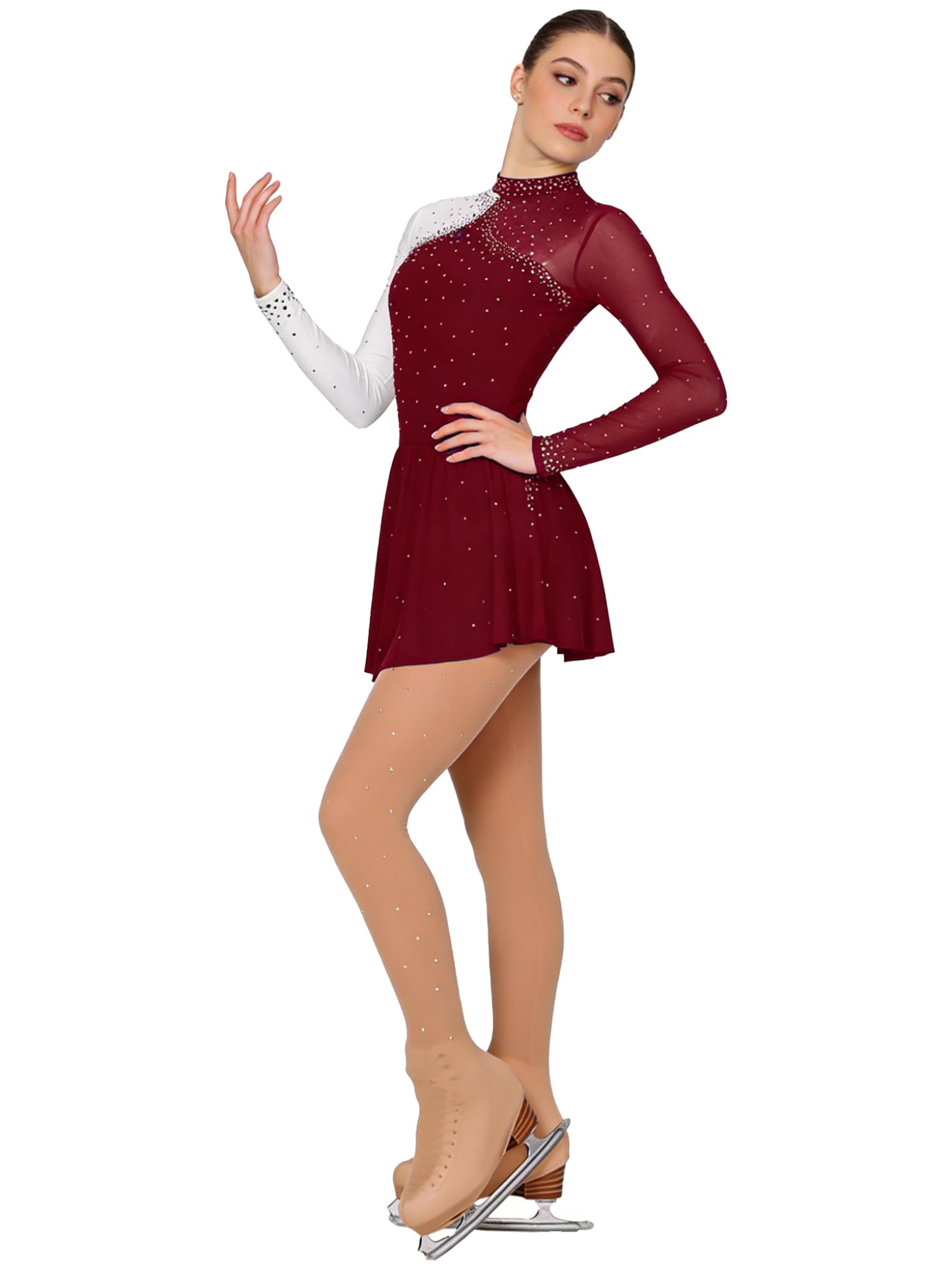 TTAO Vestido de patinaje artístico para mujer, con diamantes de imitación, manga larga, malla, patchwork, maillot con patinaje artístico, medias de patinaje sobre hielo, ropa de competición