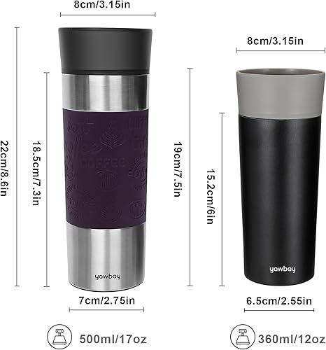 Miniatura 5 de Yawbay Taza de café de viaje, taza de viaje con tapa completa de 360, vaso aislado al vacío, vaso de acero inoxidable, taza de café aislada de doble