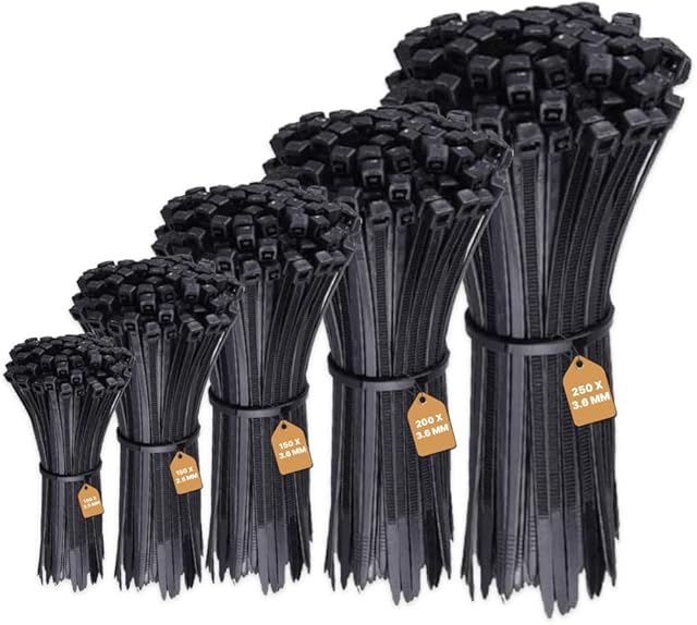 Hashtnagar Cable Ties Black Plastic, Pack of 500 Nylon PA66 Zip Ties for Home Office Garden PC Garage Workshop, Multi-Pack Tie Wraps 100/150/200/250 mm