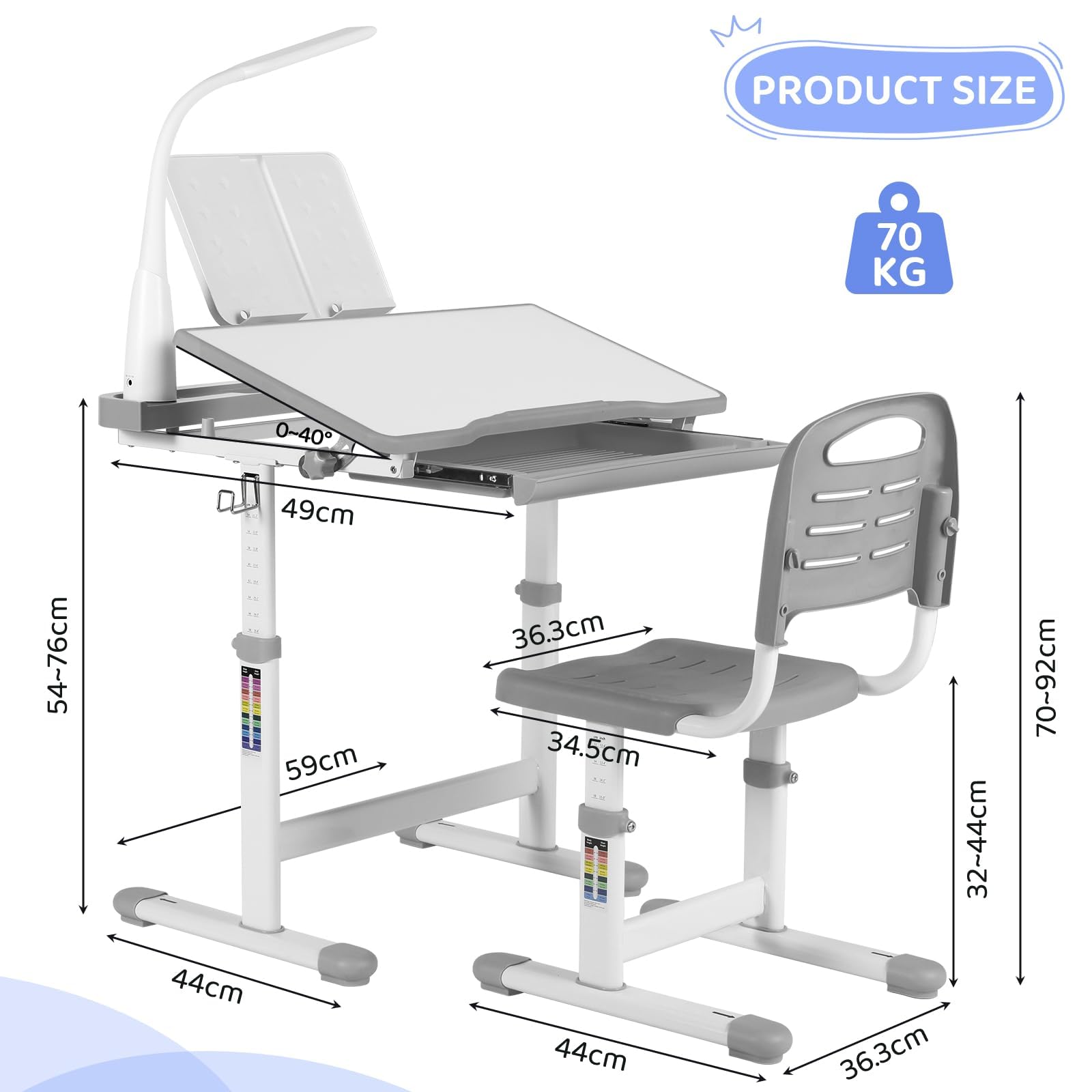 MAMIZO Kinderschreibtisch und Stuhl Set, Höhenverstellbarer Kinder Schreibtisch und Stuhl Set, Schülerschreibtisch, Jugendschreibtisch Multifunktionaler, Lampe und LesestäNder (Grau)