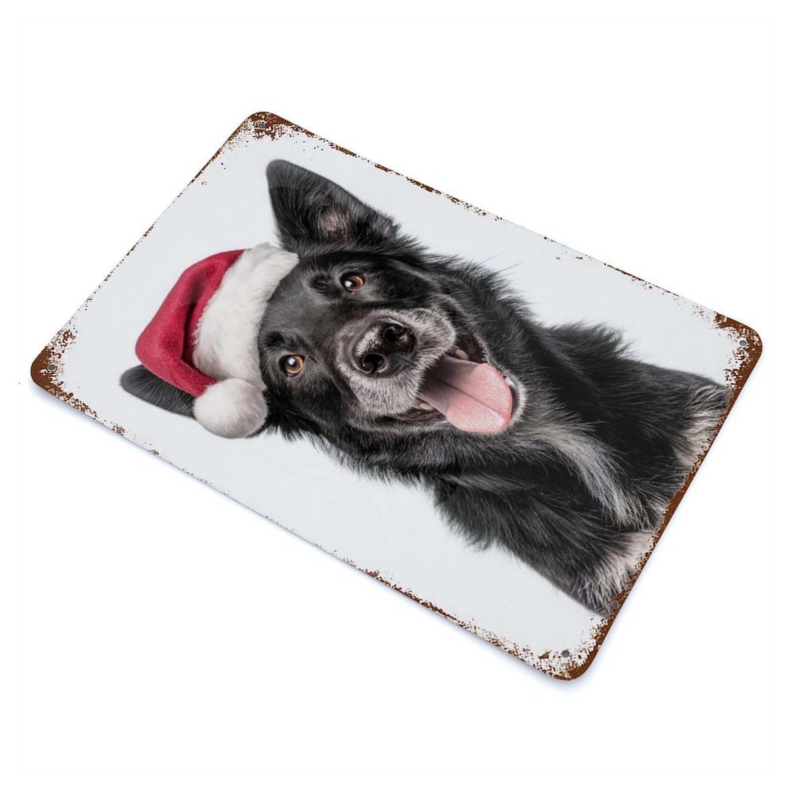 Mudi Dog with Santa Hat Portrait Vintage Wall Sign 11.8"x7.9", Rust Effect Metal Decor for Living Room, Hallway And Home Decor