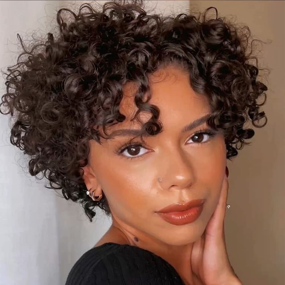 Short Curly Wigs for Black Women Human Hair Afro Natural Curly Wig Brazilian Virgin Pixie Cut Wig Human Hair With Bangs 150% Density None Lace Front Bob Wigs 1B Color (Big Curly) 1B curly