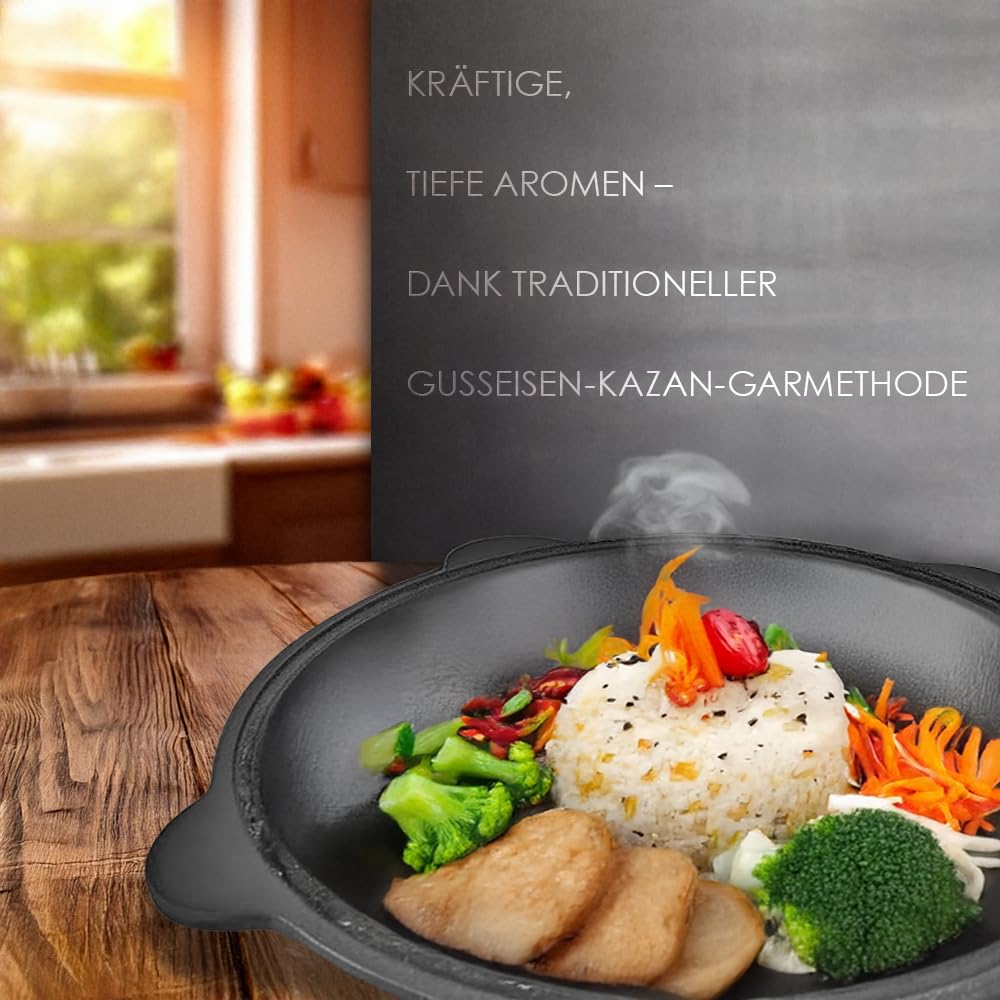 Kazan de hierro fundido 12 L – Uzbeko Kazan (плов казан) con tapa de aluminio, espumadera y cucharón – Ideal para Plov, cocina en horno de fuego, olla uzbeka