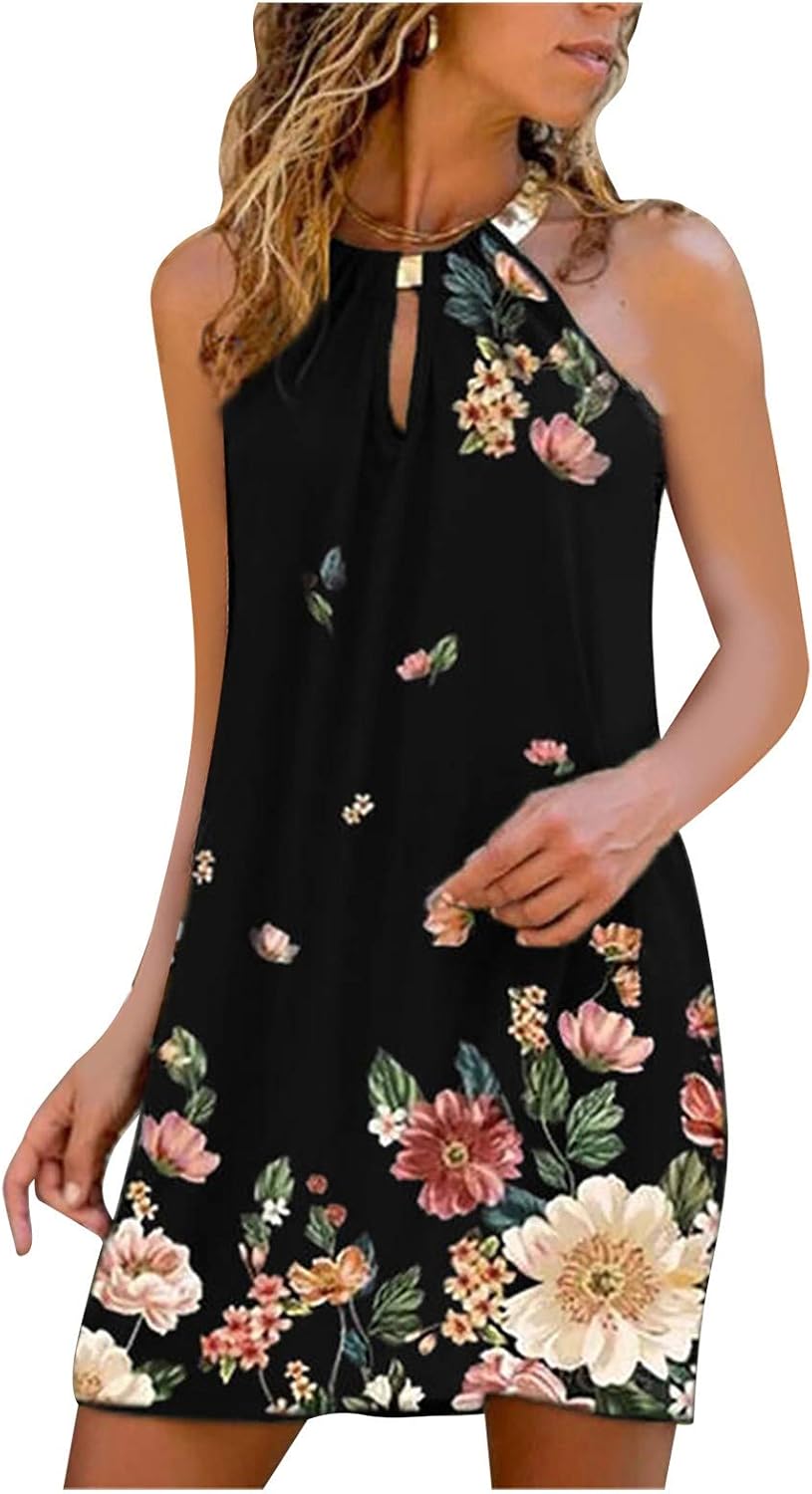 POLPqeD Vestido Corto Mujers Cuello Hálter Vestido Corto Informal Estampado Vestido de Playa Chica a la Rodilla Vestidos Espalda Descubierta Camisas Off Shoulder Camisola para Cócteles Fiesta