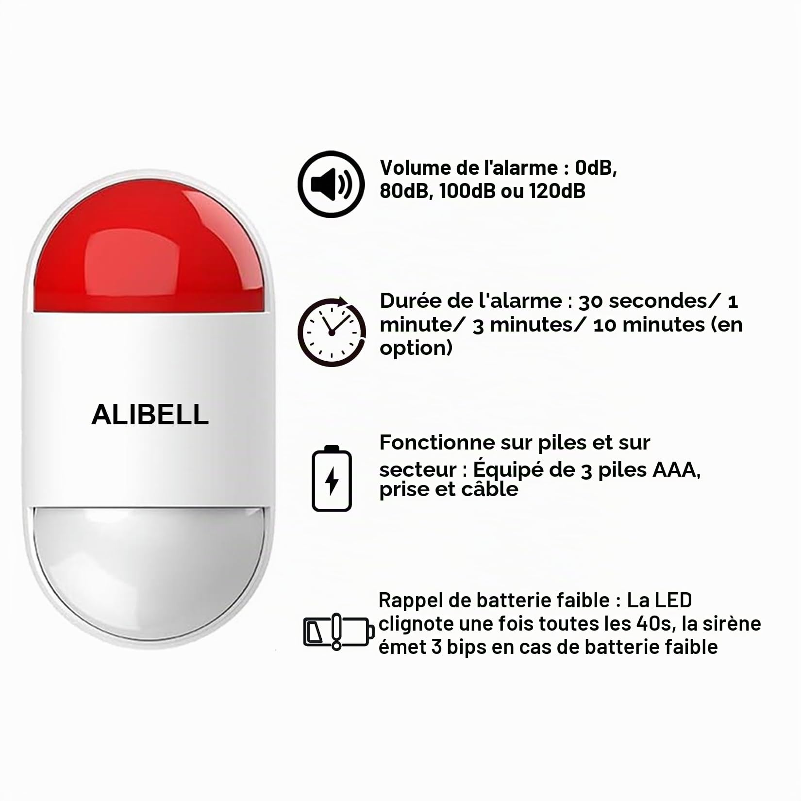 ALIBELL Kit d'alarme stroboscopique à Distance, système d'alarme de Panique Puissant 120 DB (sur Piles et Branchement Secteur), système d'urgence pour Maison/Magasin/Usine,1 sirène+2 Boutons