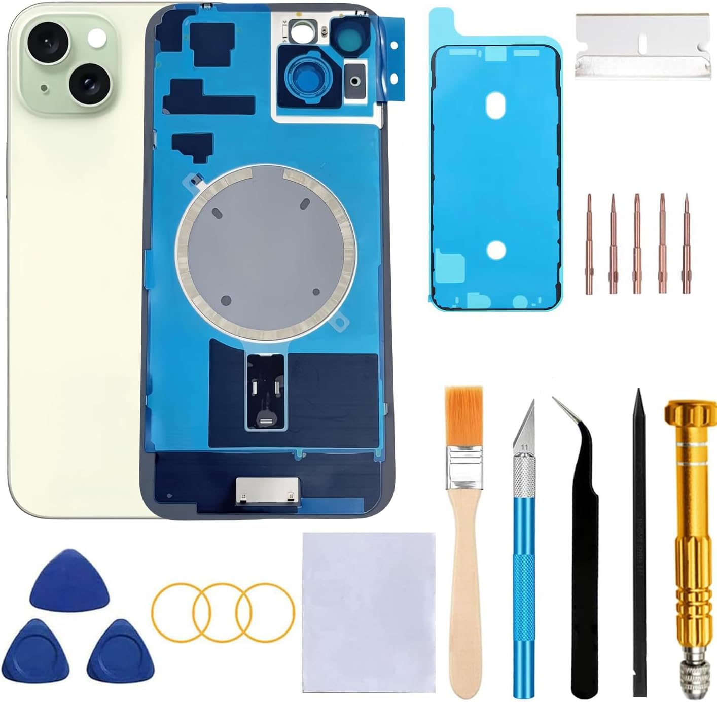 Rear Back Glass Replacement for iPhone 15 Plus 6.7-inches with + Pre-Installed Plate and Camera Frame and Lens + Reparing Tool Kit(Green)