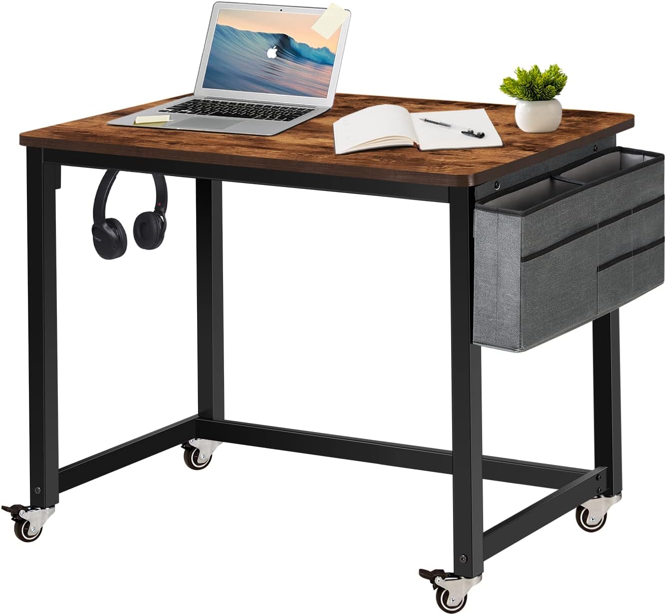 AHB Rolling Computer Desk with 4 Smooth Wheels, Simple Style Mobile Writing Desk Home Office Study Table Movable Workstation with Metal Frame (Brown, 32")