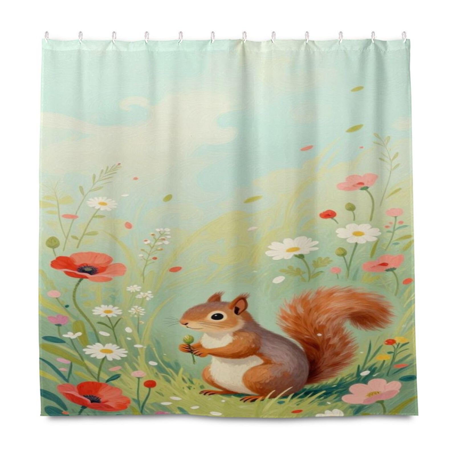 Rideau de douche imperméable en polyester lavable 183x183 cm avec motifs écureuils et fleurs
