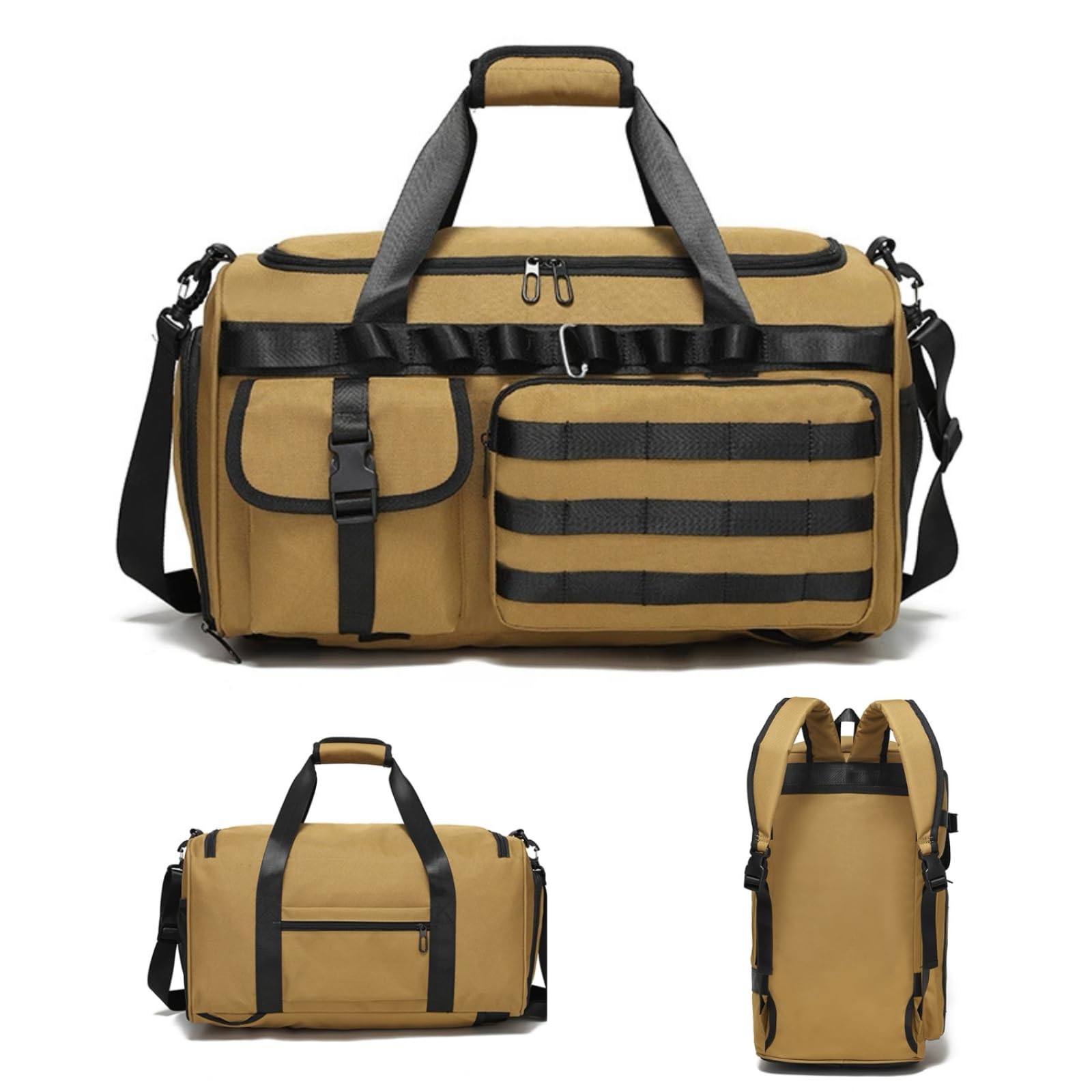 Military Tactical Gym Bag for Men and Women, 3 in 1 Sports Duffle Bag 40L with Wet & Shoe Compartment Backpack, Holdall Hospital Bags for Overnight Weekender Travel Swimming (Khaki)