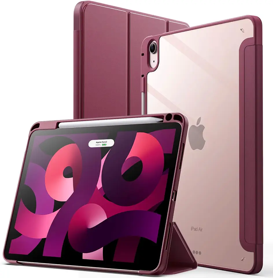 JETech Capa para iPad Air 11 Polegadas M4/M3/M2 (2026/2025/2024), iPad Air 5/4 (10,9 Polegadas, Modelo 2022/2020) com Porta Pencil, Capa Traseira Transparente e Claro, Suporte Fino (Vinho)