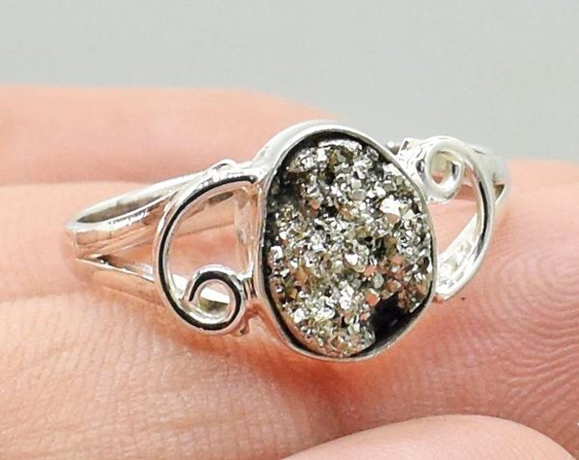 Gemma Amor, Natural Pyrite Geode Ring, Handmade, Solid 925 Sterling Silver, Raw Crystal Jewelry, Artisan Silver Ring, Unique Gift