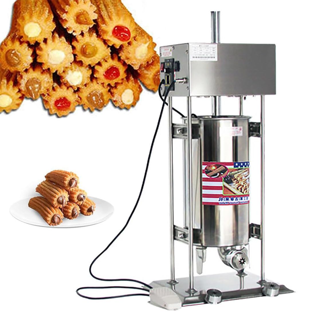 Macchina per Churros elettrica Verticale per Uso Commerciale con Serbatoio da 15 Litri, Macchina per Churros Spagnola Verticale in Acciaio Inox con 5 ugelli, per ristoranti,