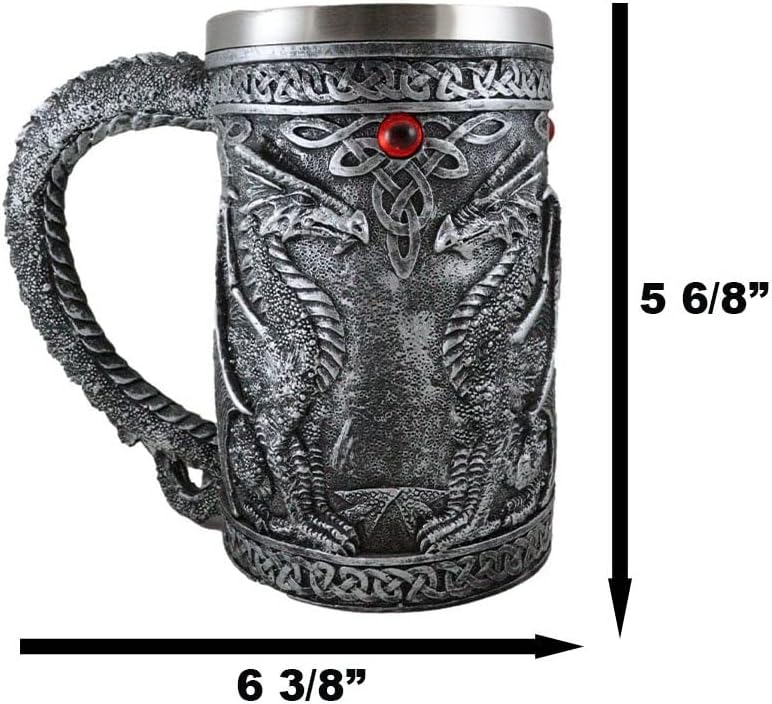 Miniatura 2 de Ebros Gift Taza de café grande de plata celta doble dragón fuego drakes cerveza Stein Tankard bebida taza 14oz