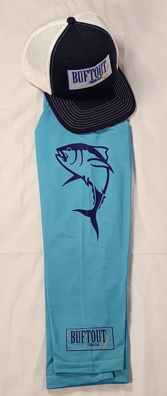 Buftout Long Sleeve Performance Fishing Shirt, Aruba Blue with Navy Blue Logo...