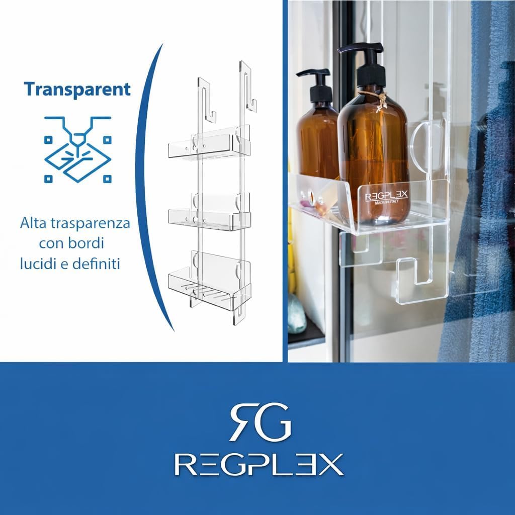 REGPLEX Porta Shampoo Doccia Plexiglass Trasparente Organizer Bagno 3 Mensole Montaggio Senza Viti Adatto Box 26-40 mm