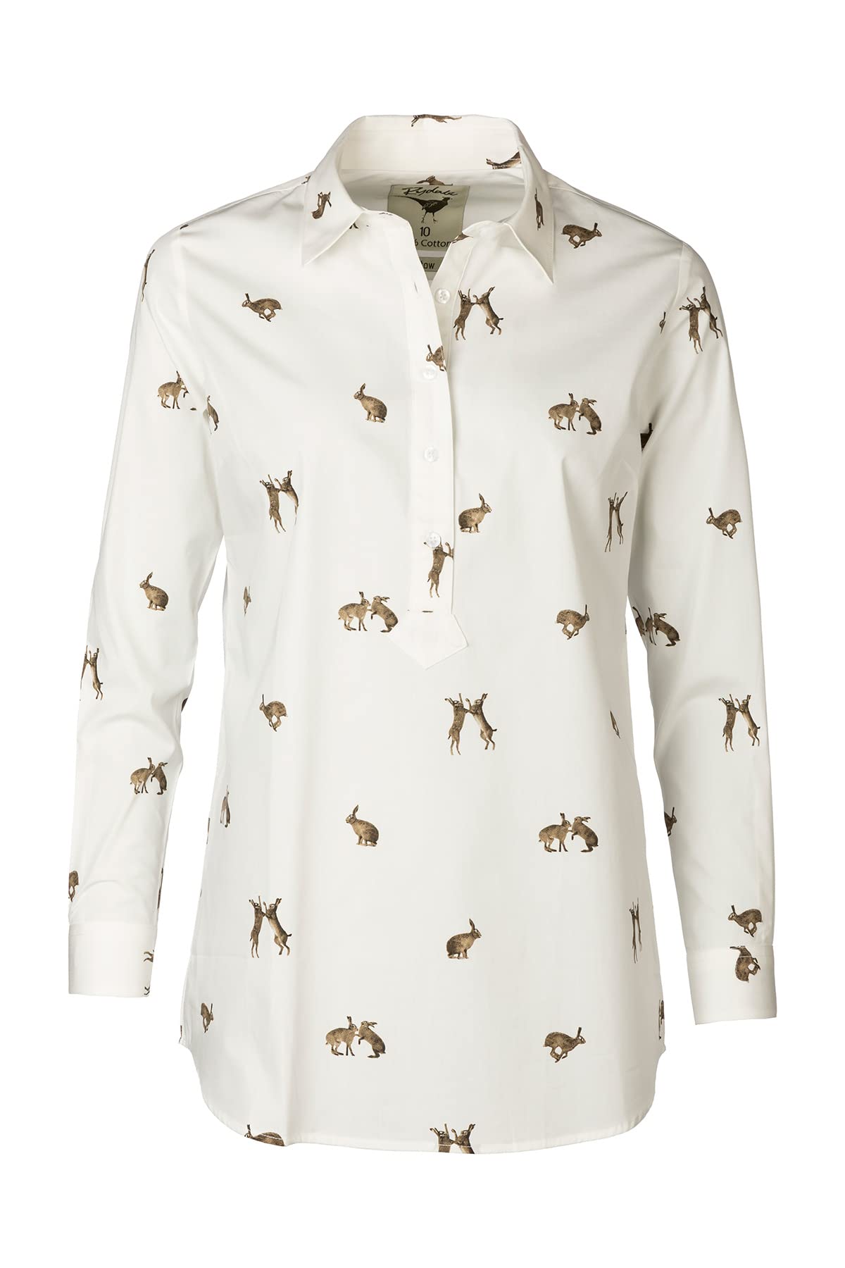Rydale Ladies Printed Overhead Shirt Women’s Button Shirts Blouse Animal Print White Tops Tunic (as8, Numeric, Numeric_16, Regular, Regular, Hare White)