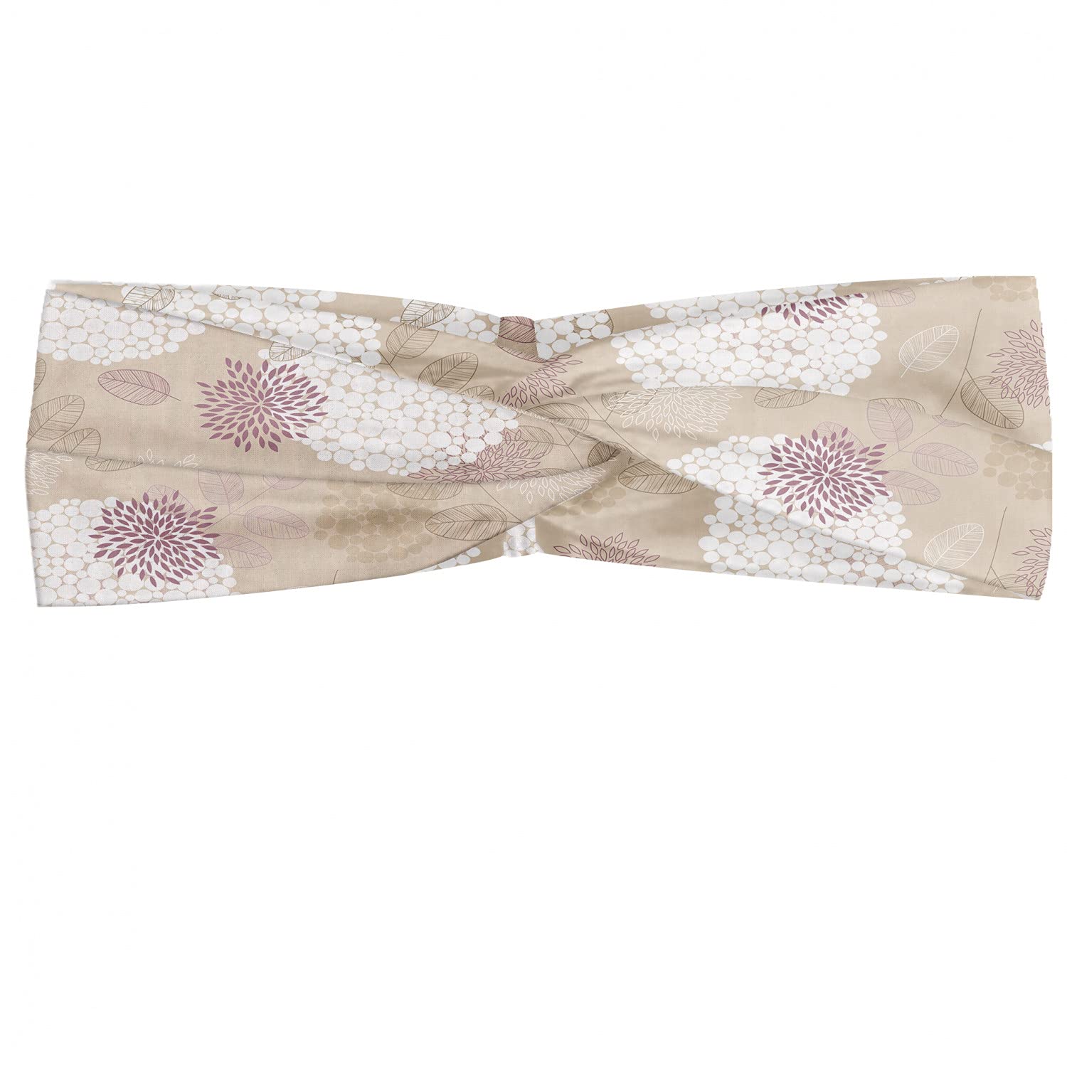 Lunarable Cream Headband Set of 2, Soft Colors Floral Arrangement Pattern Flowers Leaves Circles Nature Inspired, Elastic and Soft Women's Bandana for Sports and Everyday Use, XS-S, White Plum Tan