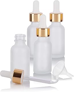 JUVITUS 1 oz Frosted Clear Glass Boston Round Bottle with Gold Metal and Glass Dropper (4 pack) + Funnel