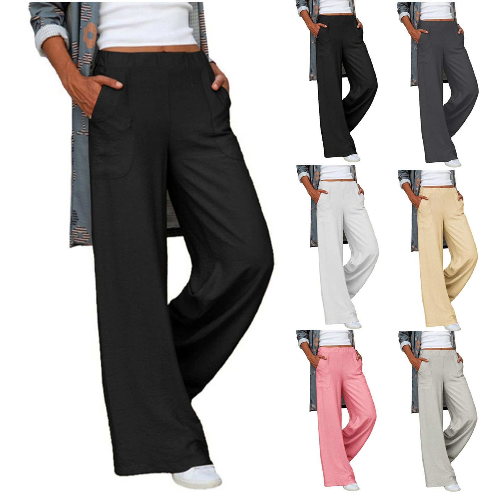 Mmoneyake Womens Casual Wide Leg Pants Elastic High Waist Palazzo Lounge Pants Solid Long Pants Office Trousers with