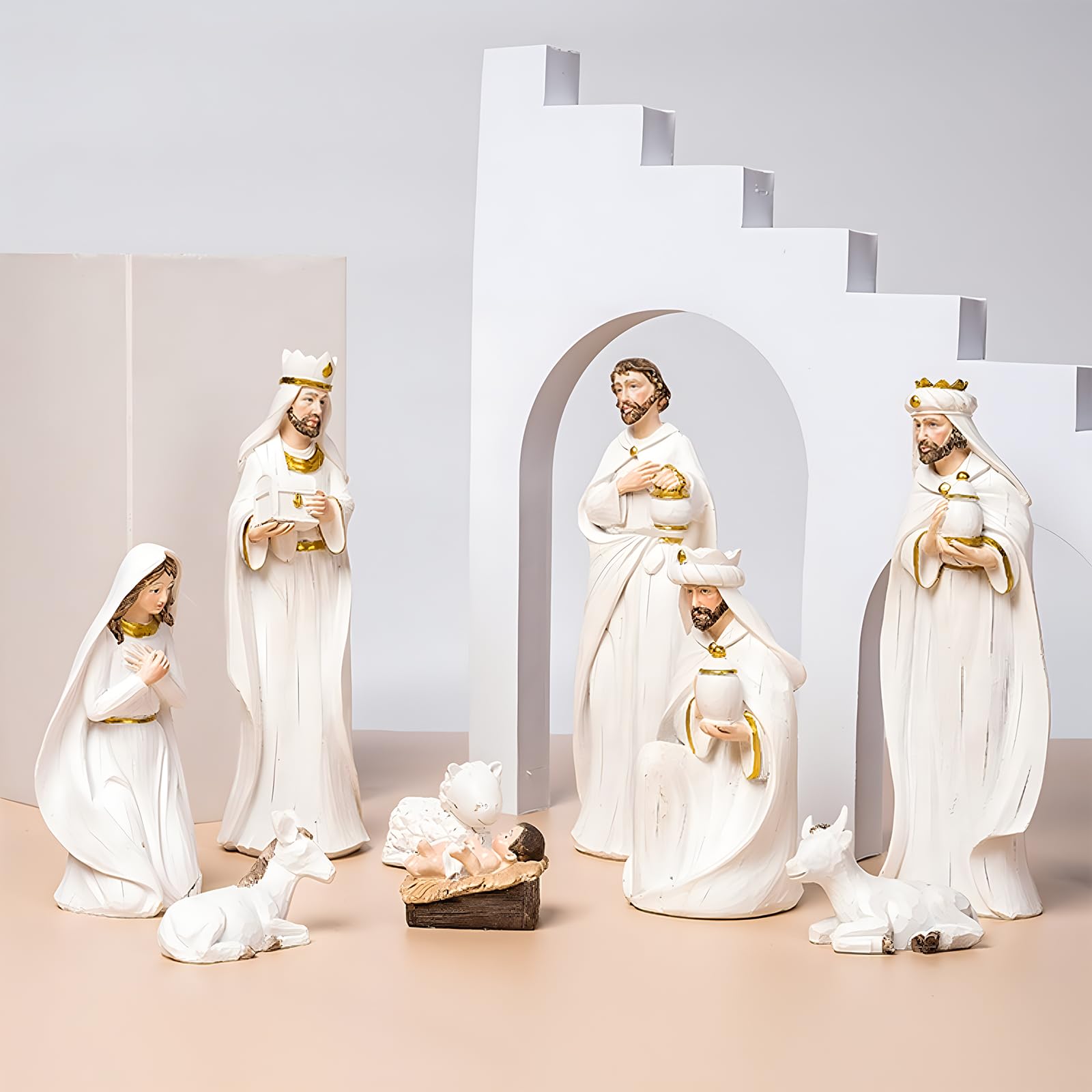 9-teiliges Weihnachtskrippenset für den Innenbereich, echte Weihnachtskrippenfiguren und Figuren Weihnachtskrippe aus Kunstharz für Weihnachtsdeko