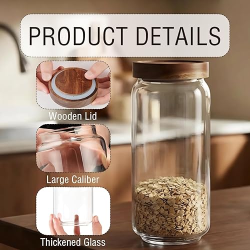 Miniatura 3 de Tarro de almacenamiento de alimentos de vidrio de 32.1 fl oz/32 oz recipiente de vidrio transparente con sellado hermético, tapas de madera de