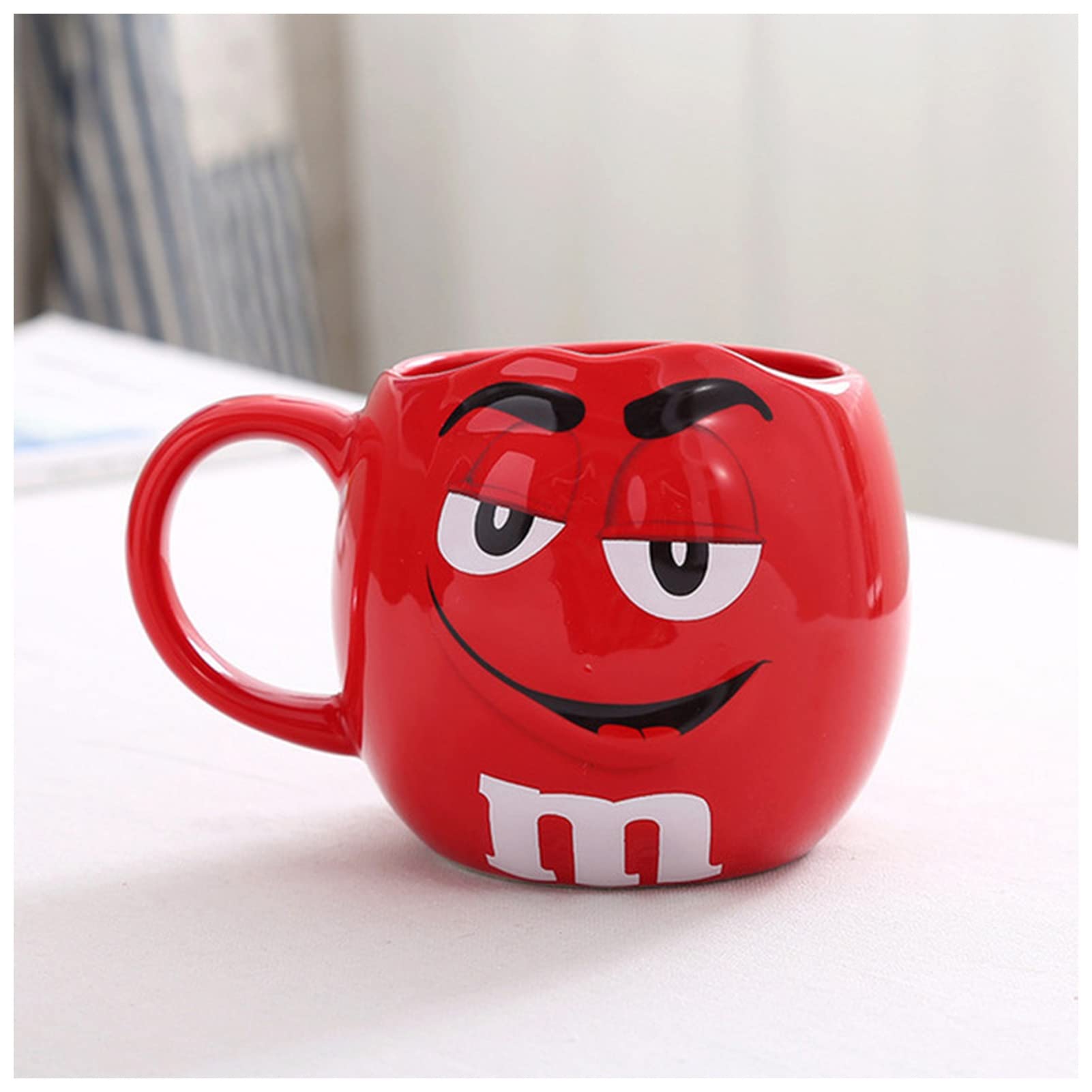 EUZLKDXU Coffee Cup 600ML M&M Bean Cute Ceramic Coffee Mug Kawaii Breakfast Tea Milk Cups and Mugs With Spoon Large Capacity Expression Drinkware Coffee Cups(Red)