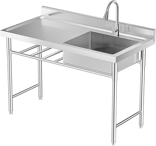Miniatura 10 de Juego de fregadero de cocina de acero inoxidable con doble tazón de cocina comercial para restaurante con grifo y tabla de escurridor, lavabo de