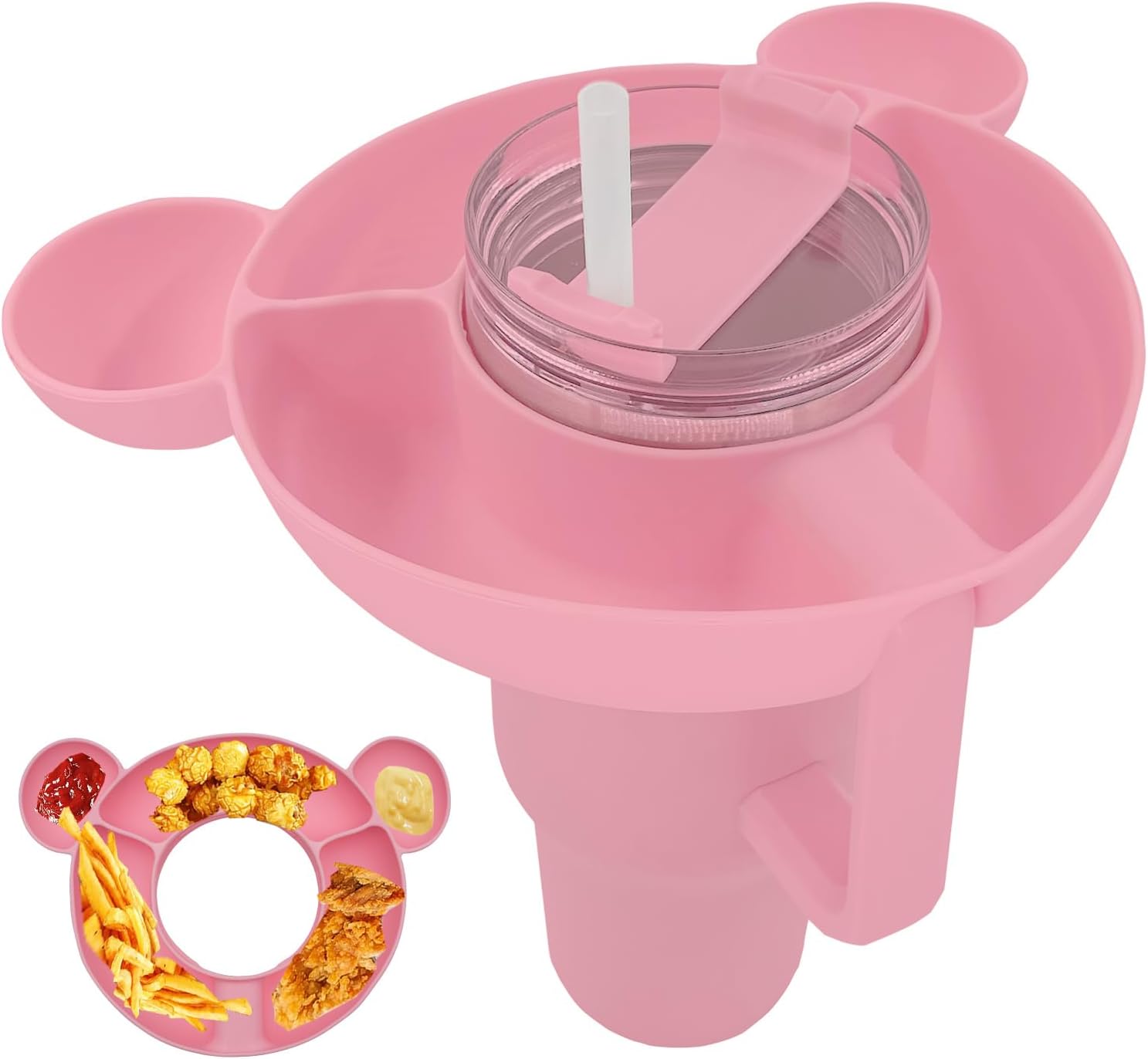 Snack Tray for Stanley 40oz Cup,Silicone Tumbler Snack Blow Compatible with Stanley Tumbler with Handle Quencher 1.0/2.0,Reusable Snack Ring Holder Platter for Stanley Cup Accessories, Pink Pink Bear