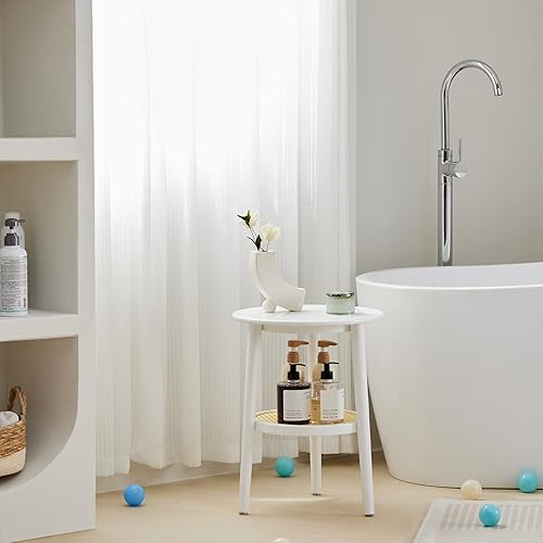 Miniatura 7 de APICIZON Mesa auxiliar redonda con almacenamiento, mesita de noche de ratán blanco, mesa auxiliar pequeña para sala de estar, dormitorio, espacios