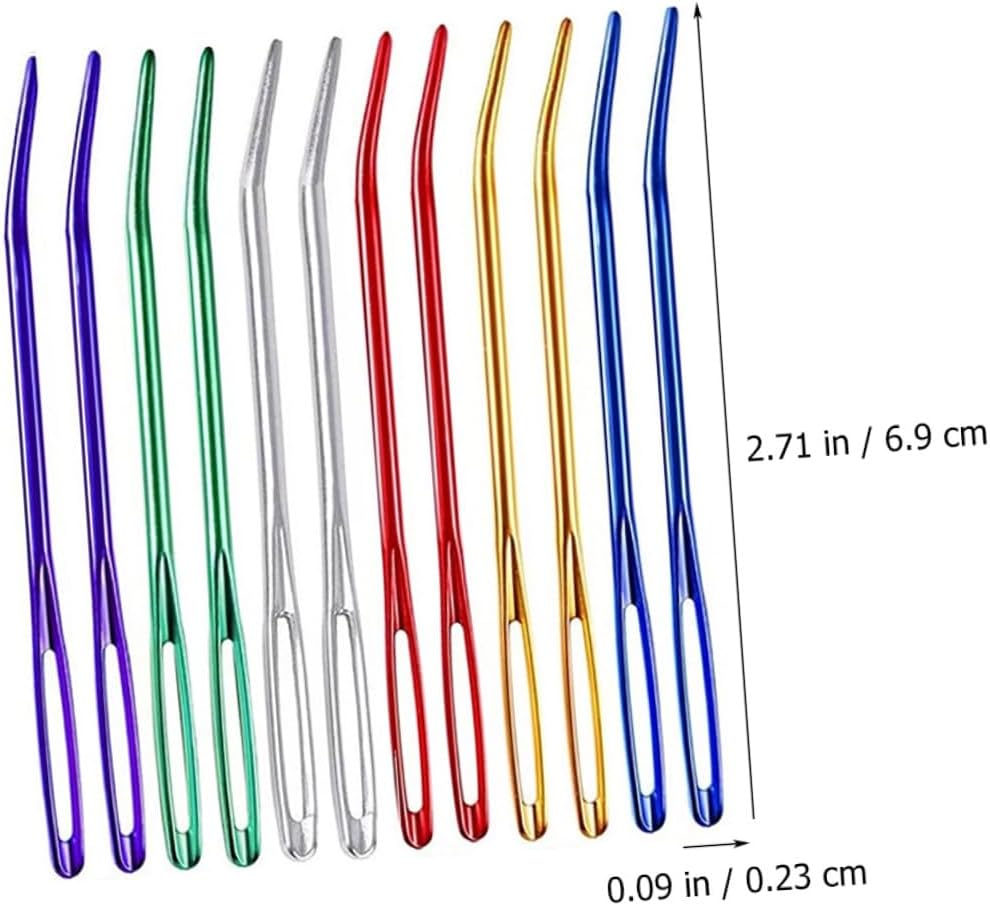 MOKKHNB 12pcs Multi-Function Aluminum Yarn and Household Tapestry Needles with Large Eye Curved Design, Portable Sewing Tools for Knitting and Darning Crafts Random Color