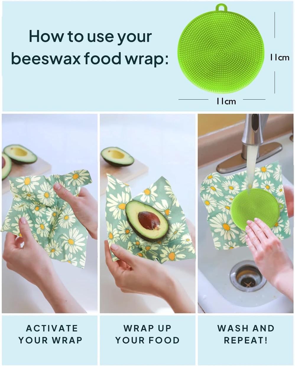 Beeswax Wraps for food 3-Pack, bee wraps reusable with Multi-function brush, Eco-Friendly to Wrap Fruits & Bread,sandwich Wraps (S,M,L) with Daisy Design image 4