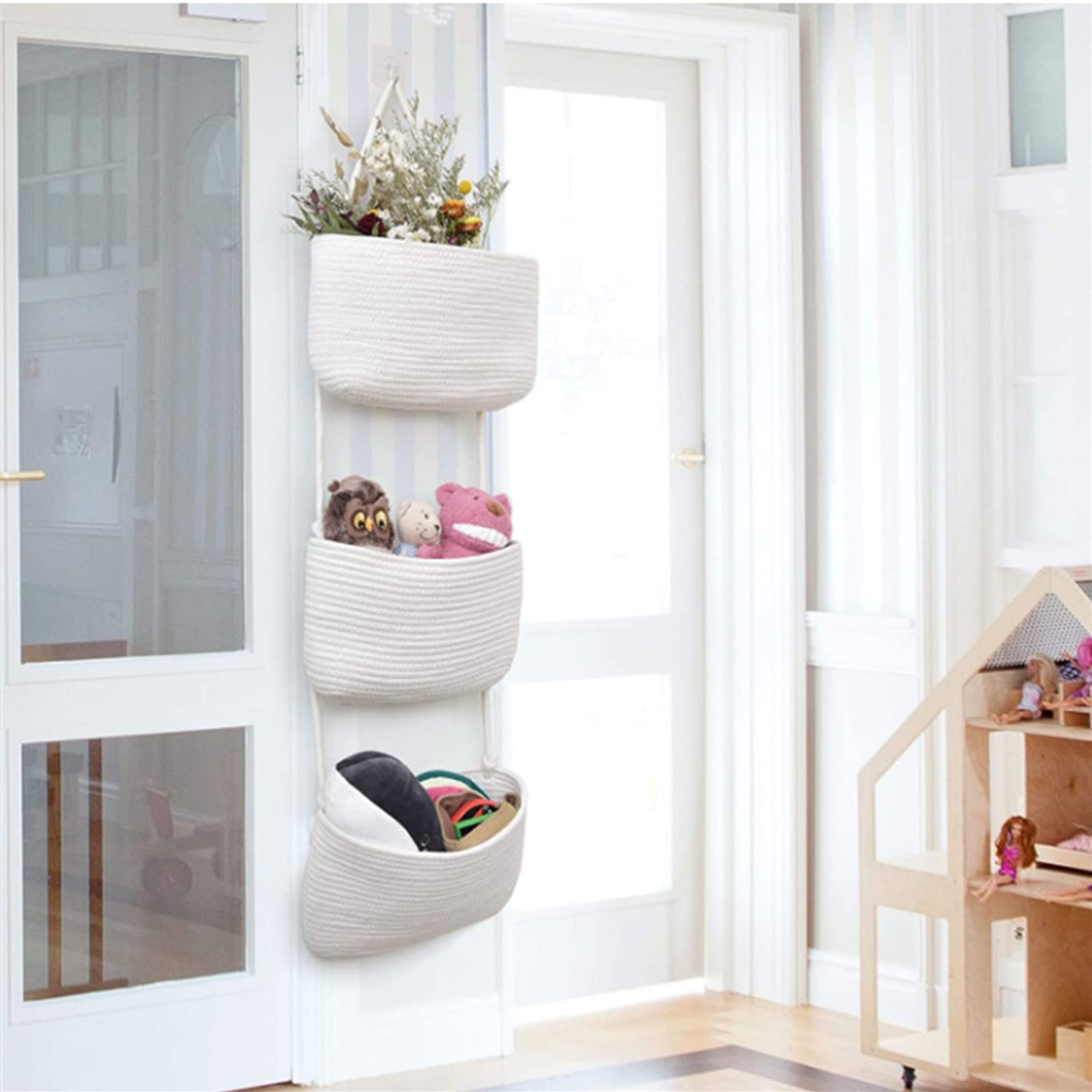 CEWROM Hangmand voor de deur, 3 verdiepingen, hangende organizer, wandorganizer, opbergmanden, katoenen touw, geweven met haken voor muur, hangrek, badkamer