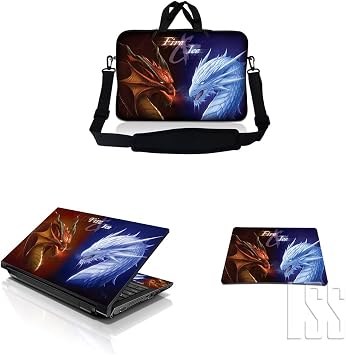 LSS 15-15.6" Laptop Sleeve Bag with Matching Laptop Skin Sticker & Mouse Pad Combo | Carrying Case for 14" 15" 15.6" - Fire & Ice Dragons