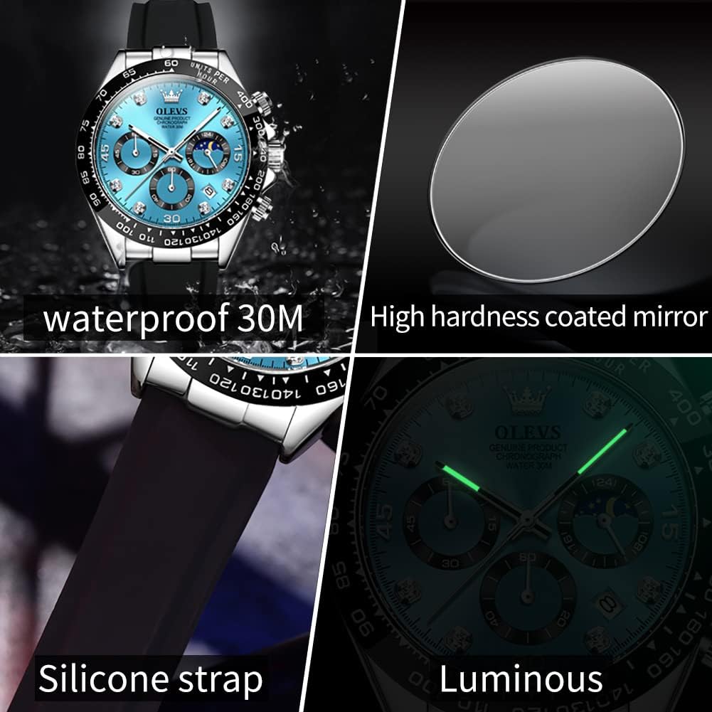 OLEVS Men's Watches Chronograph Multifunction Sport Silicone Luxury Diamond Moon Phase Quartz Male Watch Waterproof Wrist Watch - Image 6