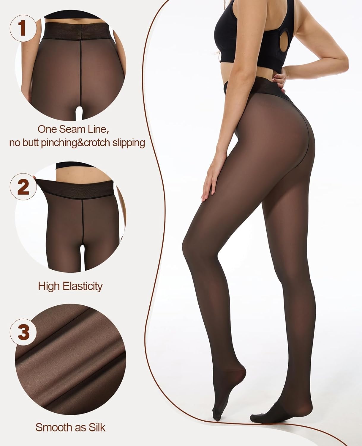 Arkim Fleece Lined Glossy Black Sheer Tights Women,Crotch 1 Seam Line Translucent Thermal Tights Winter Leggings - Image 5