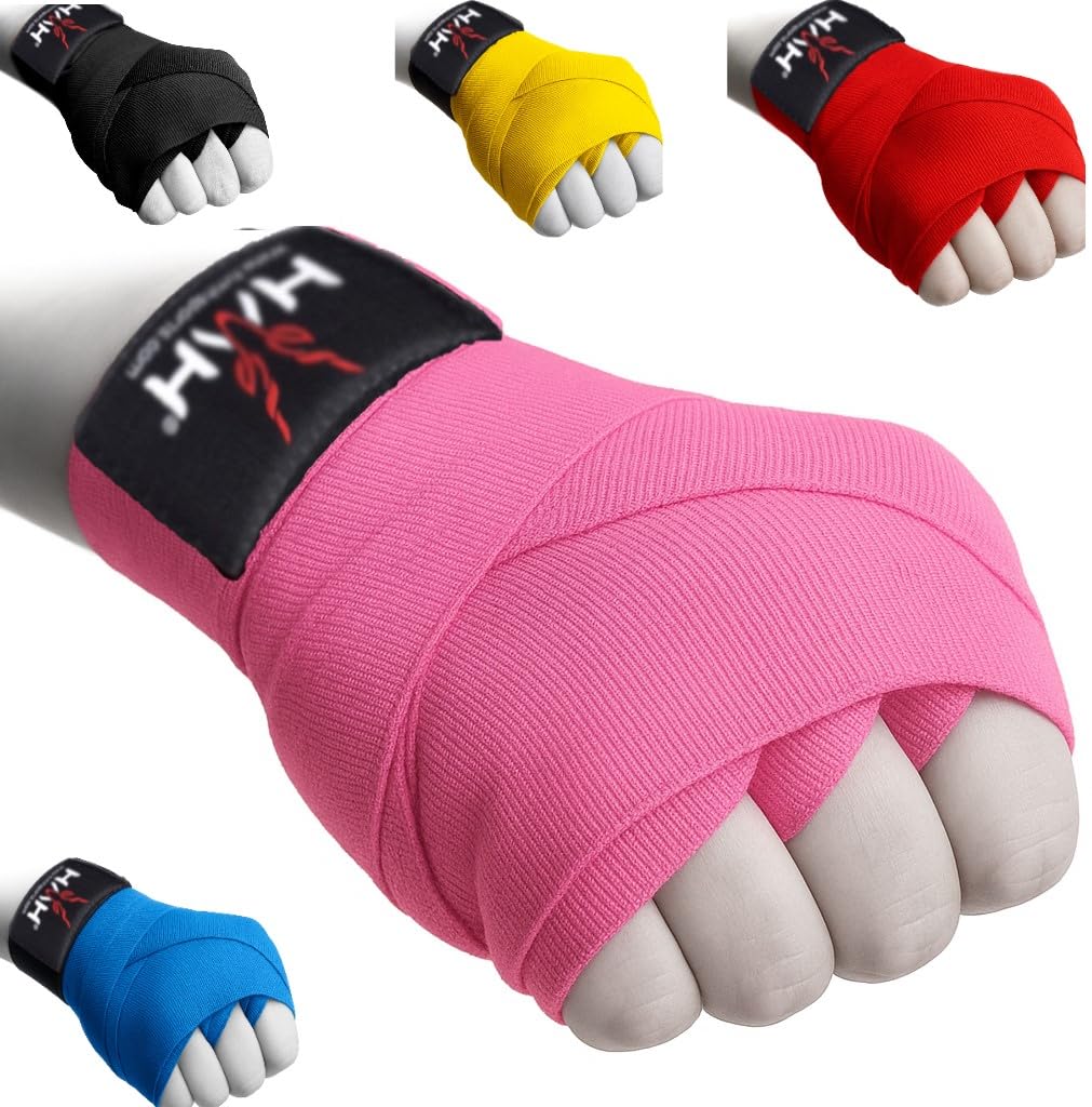 HMH Sports Boxing Hand Wraps for Men And Women And Kids - Cotton Hand wraps with Hook & Loop Strap & Thumb Loop -Elasticated Bandages Wrist Support tape (Pink, 4.5M (Adult))