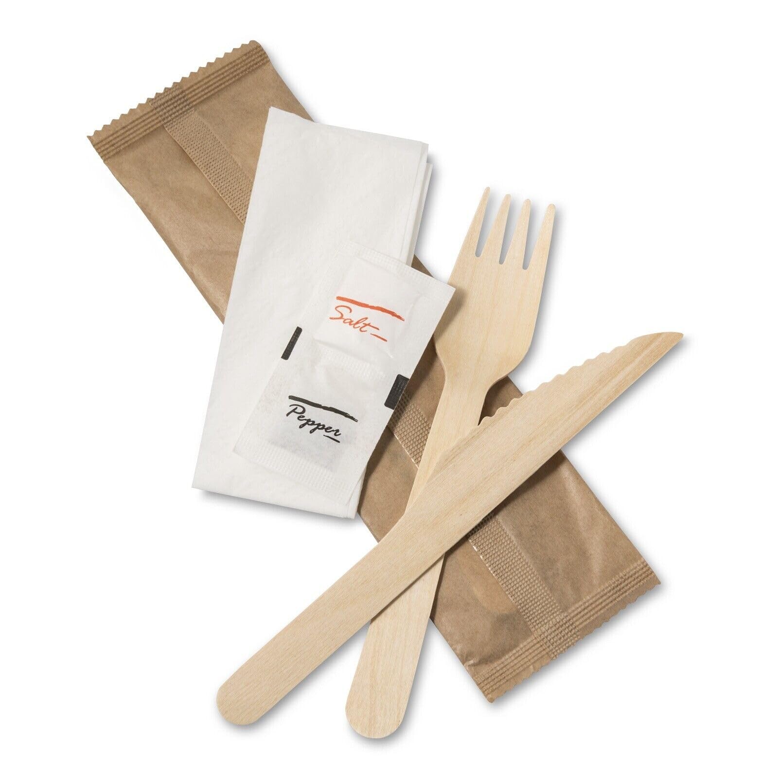 Tezraftaar® 50 x Wooden Cutlery Set Individual Wrapped 5pcs Set Fork Knife 2 Ply White Paper Napkin Salt Pepper Packet