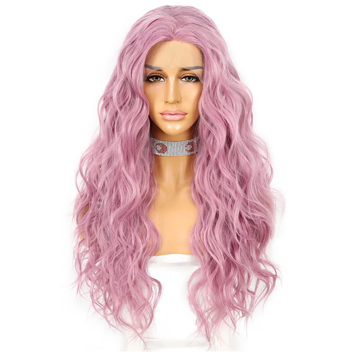 INPETS Synthetische Lace Front Perücken,Rosa Farbe Natürliche Wasserwelle Lace Front Perücke Für Frauen Hitzebeständige Faser Cosplay Make Up Hochzeit Party Perücken,18 inch