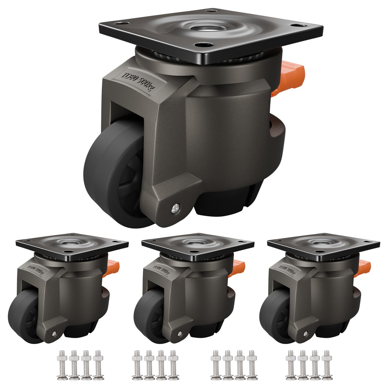 Leveling Casters Heavy Duty,4-Pack,Non-Scratch Nylon Wheels & Steel Ball Rollers, Adjustable Handle for Uneven Floors for Workbench,Equipment,Shelves,Industrial Casters,Total Capacity 2600Lbs（80F）