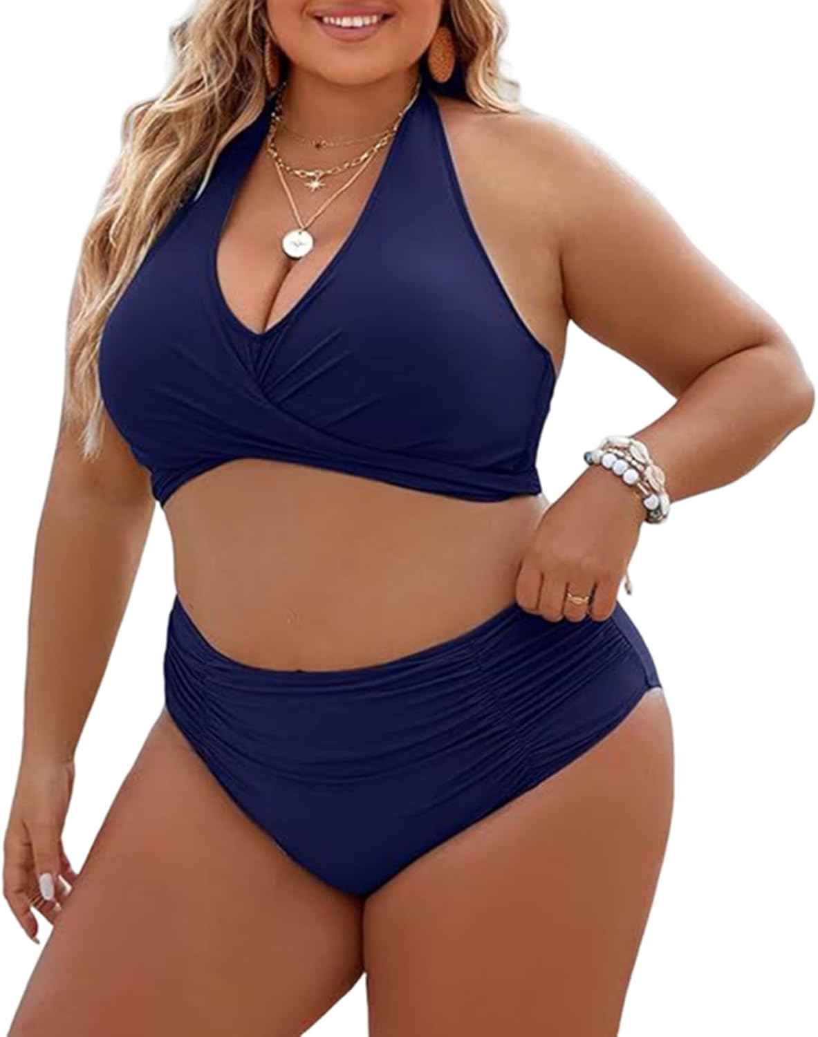 Women's High Waisted Ruched Bikini Set, Halter Wrap Top with Crossover Bathers, Army Green Swimwear PQ2518