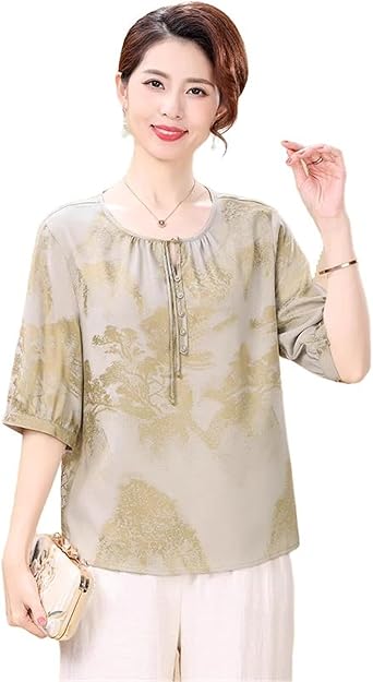 Womens T-Shirts Summer Printed Middle-Aged Casual Loose Short Sleeve Blouse